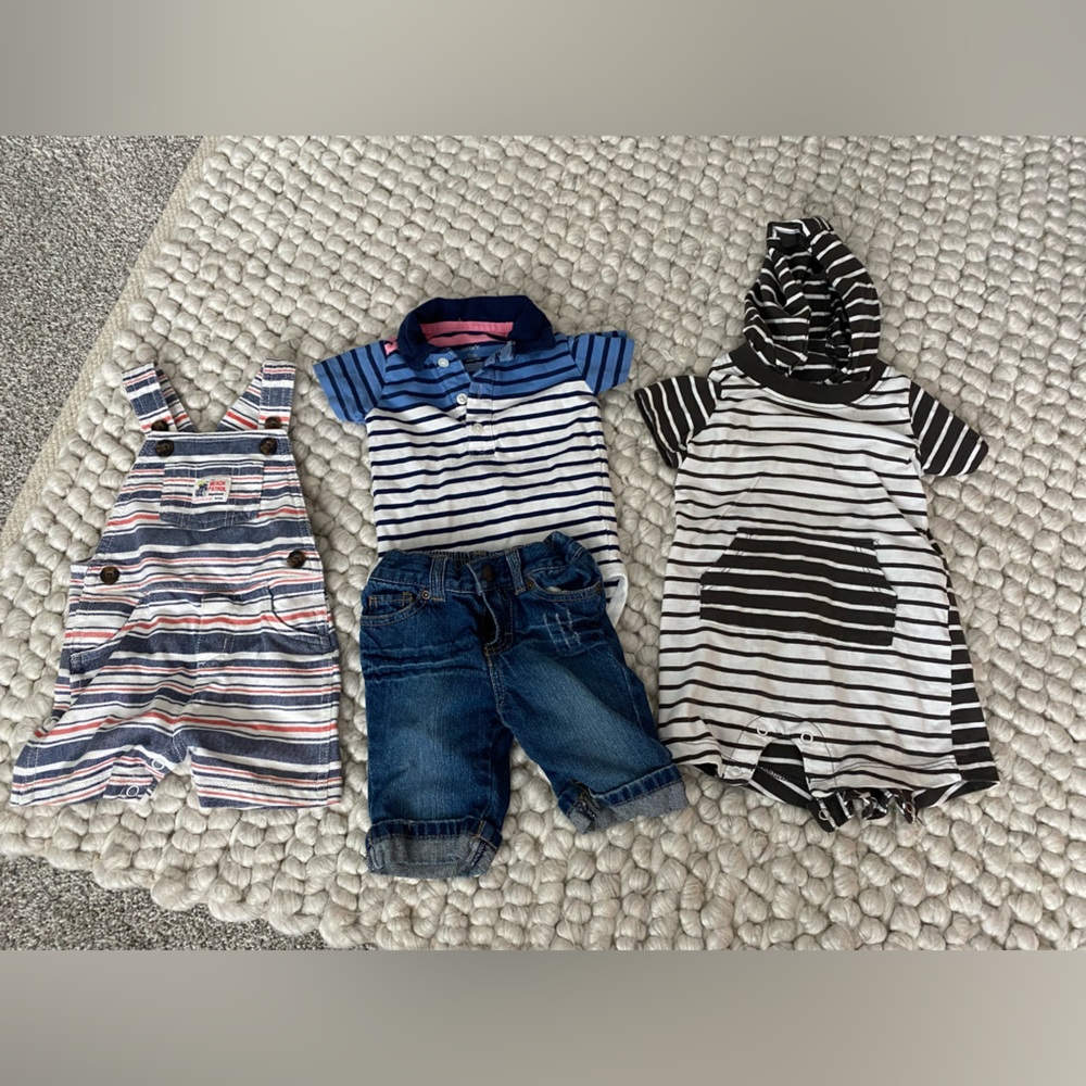 Carters 12m hooded onesie, 9m collar onesie, 9m overalls, koala kids 6/9m jeans